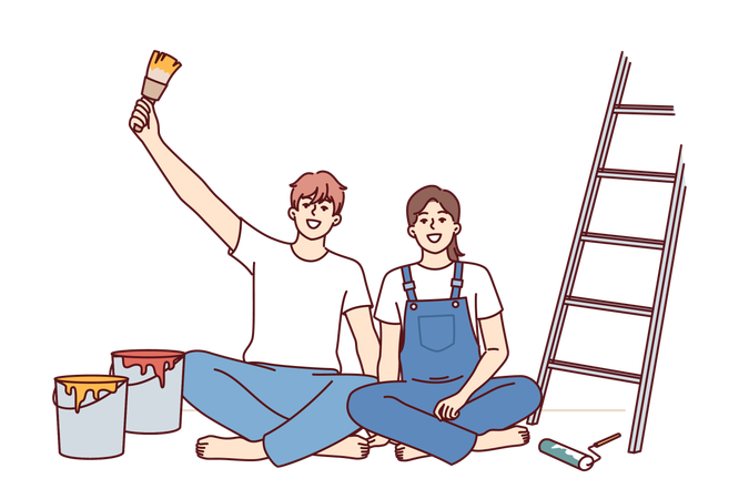 Couple is painting their house wall  Illustration