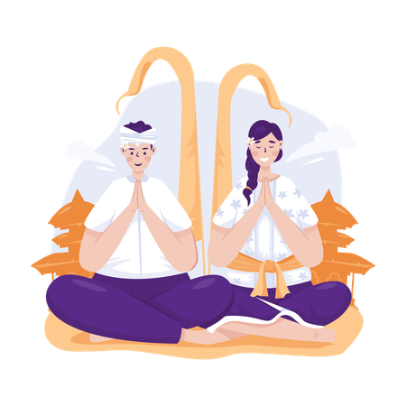 Couple is performing Balinese Hindu Nyepi ritual  イラスト