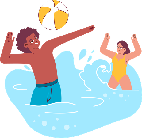 Couple is playing ball in swimming pool  イラスト