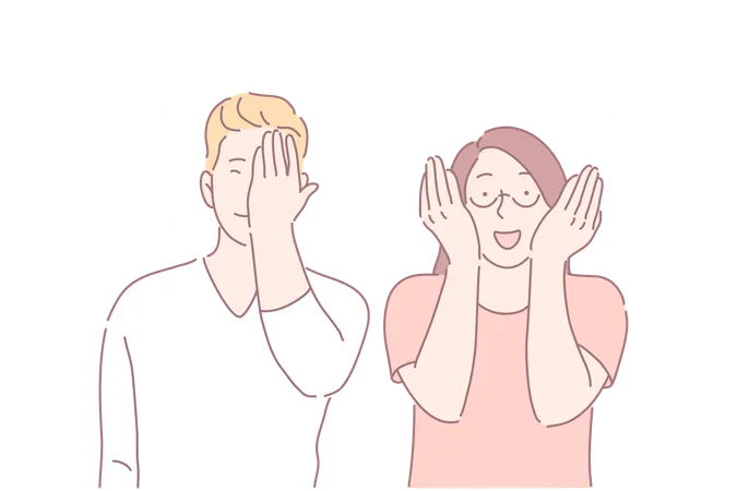 Facepalm Gesture Joyful Mood Funny Situation Concept Young People Laughing At Joke Boy Feeling Embarrassed Woman Covering Face With Hands Cute Facial Expression Simple Flat Vector Illustration