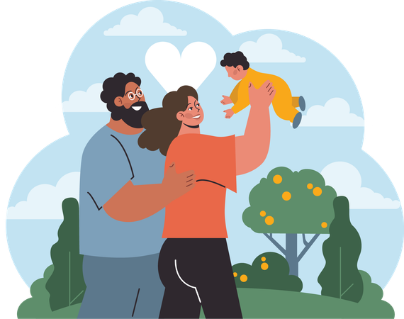Couple is playing with their infant in park  Illustration