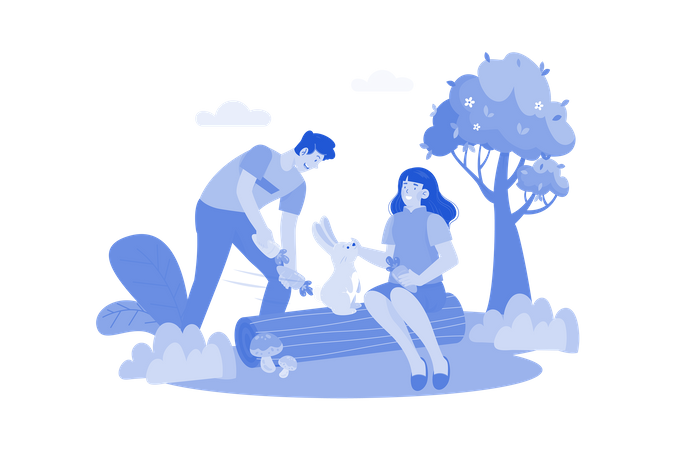 Couple is playing with their pet rabbit in park  イラスト