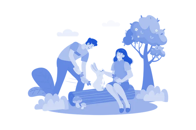 Couple is playing with their pet rabbit in park  Illustration