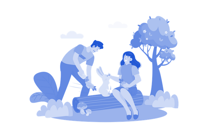 Couple is playing with their pet rabbit in park  Illustration