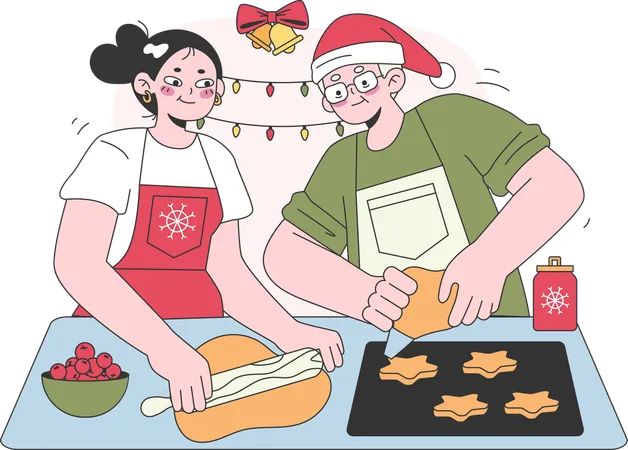 Couple is preparing food for christmas party  일러스트레이션