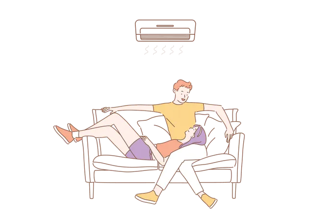 Air Conditioning Climatic Control Comfort Concept Couple In Love Relaxing Under The Air Conditioner At Home Young Happy Guy And Girl Enjoy Cool On Hot Summer Day At Home Or In Office Illustration