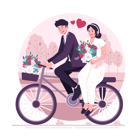 Couple is riding bicycle on wedding day  일러스트레이션
