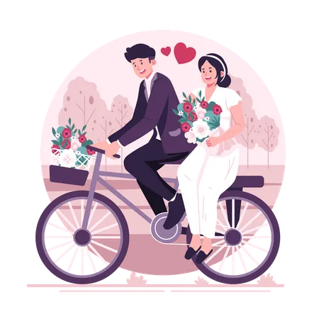 Couple Is Riding Bicycle On Wedding Day 일러스트레이션