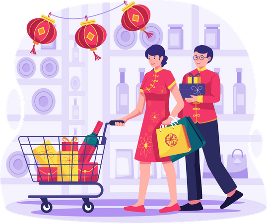 Couple is shopping grocery during Chinese new year Illustration