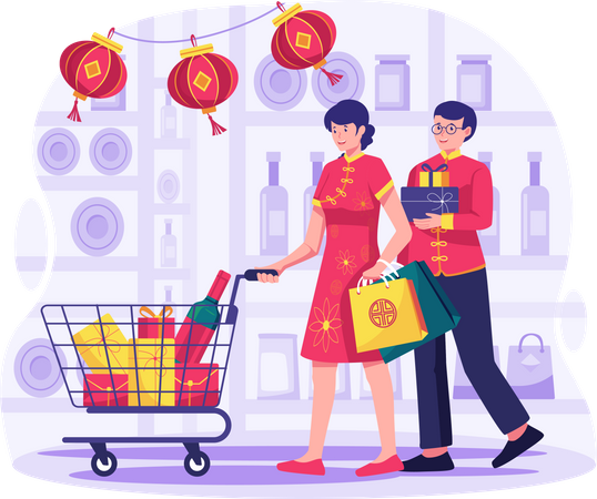 Couple is shopping grocery during Chinese new year  Illustration