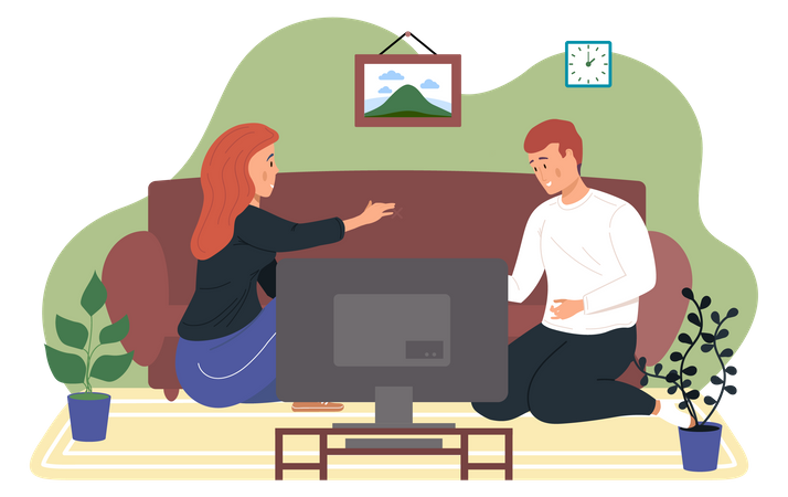 Couple is sitting at home and watching TV Illustration