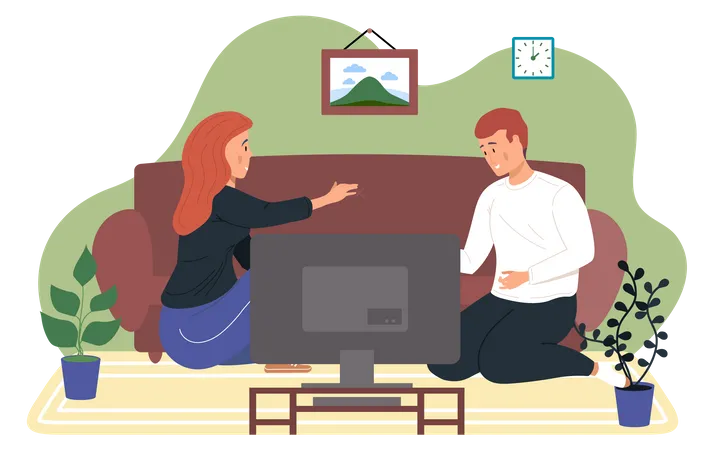 The Couple Is Sitting At Home And Watching TV Young People Communicate And Spend Time Together The Girl Looks At Her Boyfriend And Holds His Hand Joint Viewing Of Cinema In The Apartment Illustration