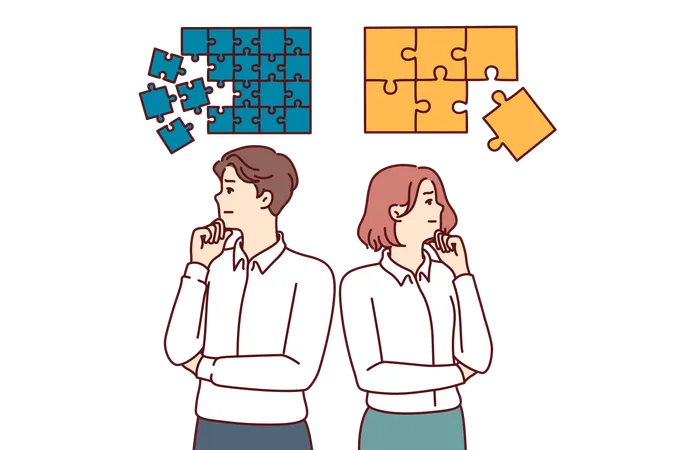 Business People Reflect On Corporate Development And Marketing Plans Standing Near Puzzles Of Different Sizes Business Strategy And Team Planning To Avoid Mistakes In Building Company イラスト