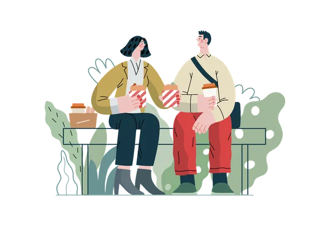Couple is spending time by eating popcorn in garden  Illustration