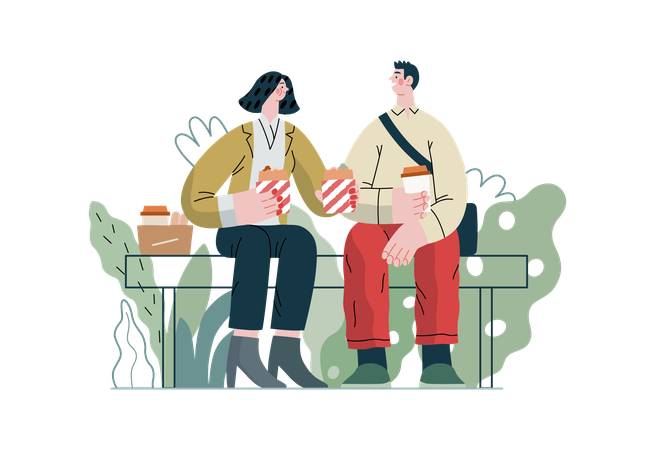 Couple is spending time by eating popcorn in garden  Illustration