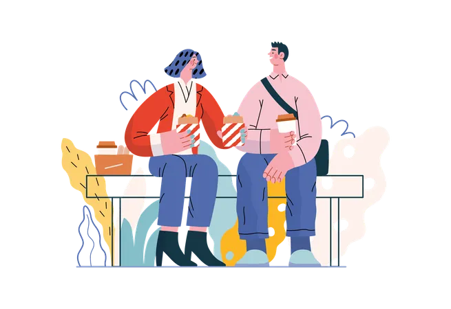 Couple is spending time by eating popcorn in garden  Illustration