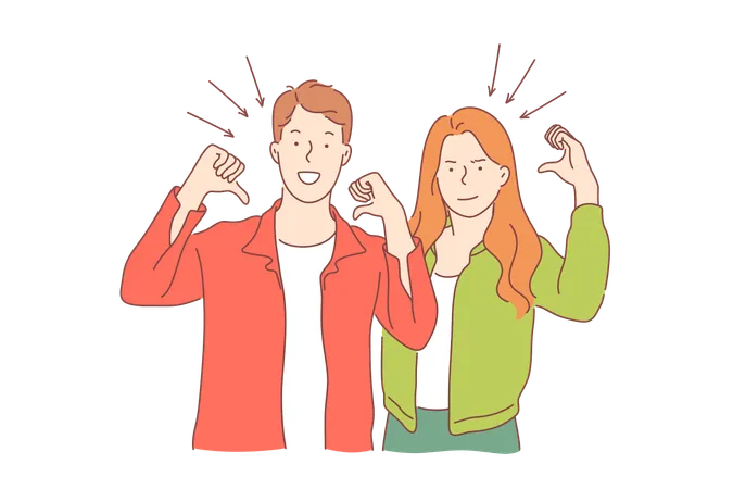 Smiling Young People Good Mood Optimism Concept Positive Emotions Self Presentation Happy Boyfriend And Girlfriend Showing Themselves Sign Language Glad Facial Expression Simple Flat Vector Illustration