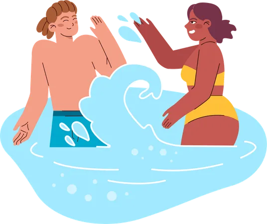 Couple is splashing water on each other  Illustration