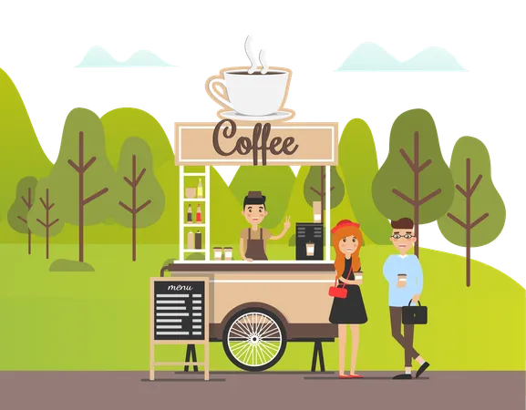 Couple is standing at coffee stall  Illustration