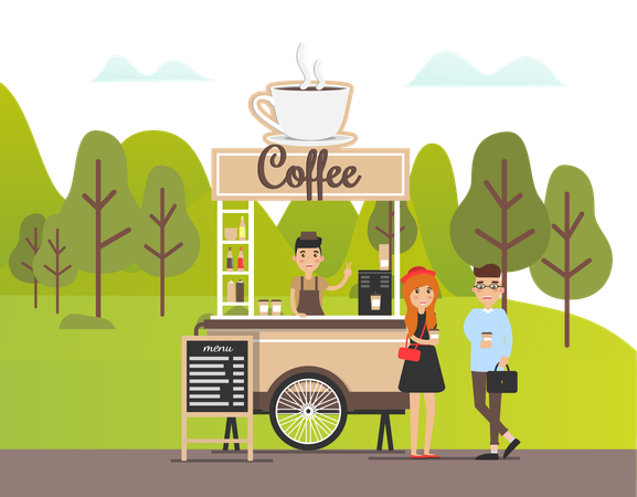 Couple is standing at coffee stall  Illustration