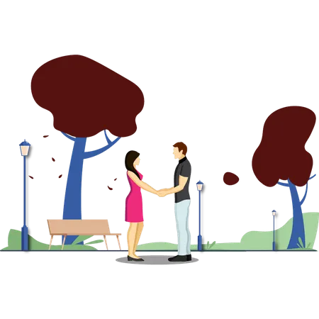 Couple is standing in a park and holding each other hands. Illustration
