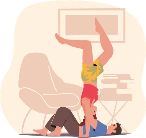 Graceful Bodies Entwine In Acro Yoga Forming Striking Pose Of Balance And Trust Couple Defies Gravity Creating Harmonious Blend Of Strength Flexibility And Connection Cartoon Vector Illustration Illustration