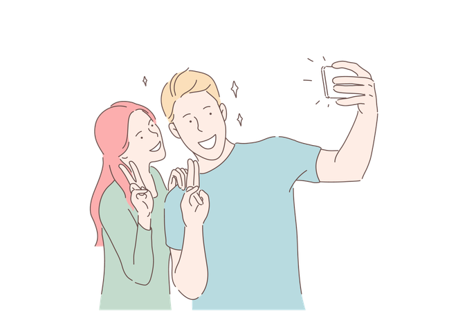 Couple is taking selfie  イラスト