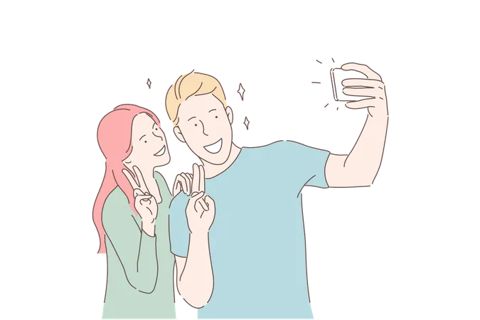 Making Selfie Smiling Couple Victory Gesture Concept Boy And Girl Romantic Couple Posing For Smartphone Camera Cheerful Teenagers Taking Picture Using Mobile Phone Simple Flat Vector Illustration