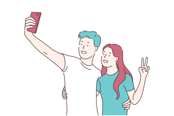 Youth Lifestyle Blogging And Teenage Social Activity Concept Couple Taking Selfie Together Teenager Making Self Portrait Happy Boyfriend And Girlfriend Spending Time Together Simple Flat Vector Illustration
