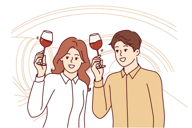 Couple Stands In Basement Of Winery And Tastes Red Wine Stored In Wooden Barrels And Prepared According To Traditional Italian Recipe Happy Man And Woman Participating In Winery Tour Illustration