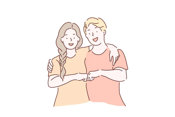 Cooperation Together Friendship Teamwork Concept Young Satisfied Overjoyed Man And Woman Have Success In Project Work Find Agreements Meeting Of Friends Vector Flat Design Illustration