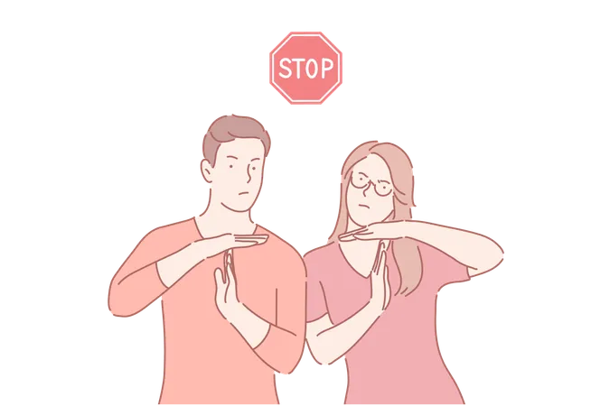 Stop Working Time Break Gesture Timeout Signal Concept Man And Woman Showing Body Language Sign With Palms And Fingers People Order Making Pause Nonverbal Communication Simple Flat Vector Illustration