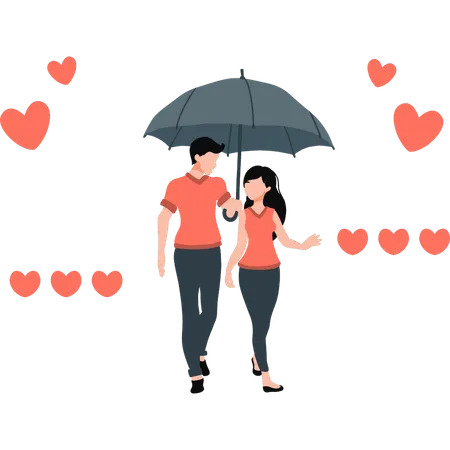 Couple Is Walking Outside With Umbrella Illustration