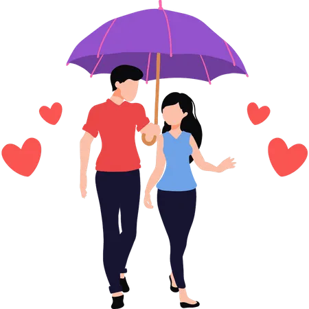 A Couple Is Walking With An Umbrella Illustration