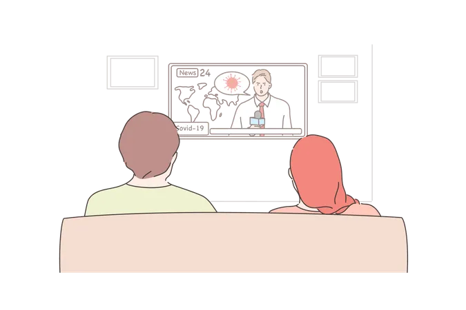 News Quarantine Coronavirus Broadcast Concept Young Man And Woman Couple Watching News On TV Or Reminder To Stay At Home Social Distancing And Self Isolation During Covid 19 Pandemic And Lockdown Illustration