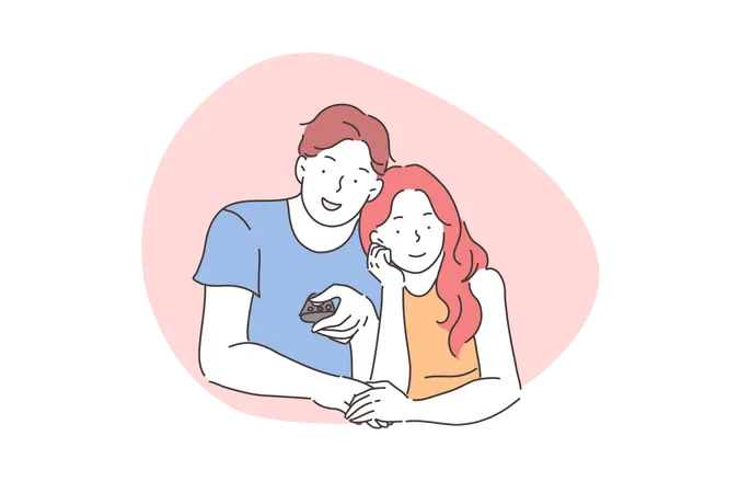 Home Watching Of Cinema Concept A Young Couple In Love Watches A Film TV Series Movie Or Video On TV Or Change Channels Together Vector Flat Design Illustration