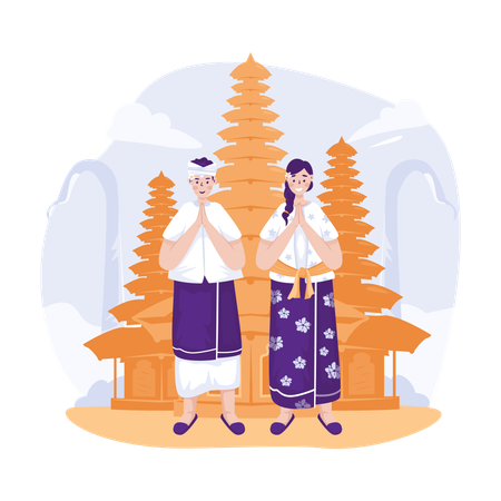 Couple is welcoming Balinese Nyepi day  Illustration