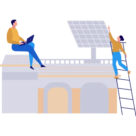Boy And Girl Working On Solar Panels On Roof Illustration