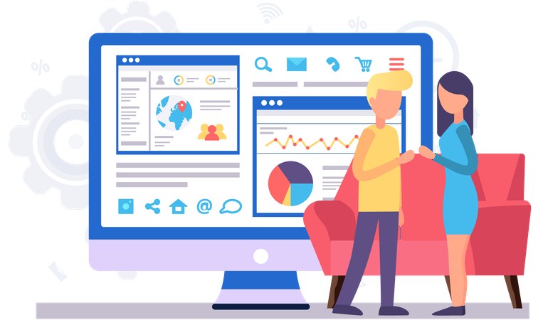 Couple is working with data and economic statistics  Illustration