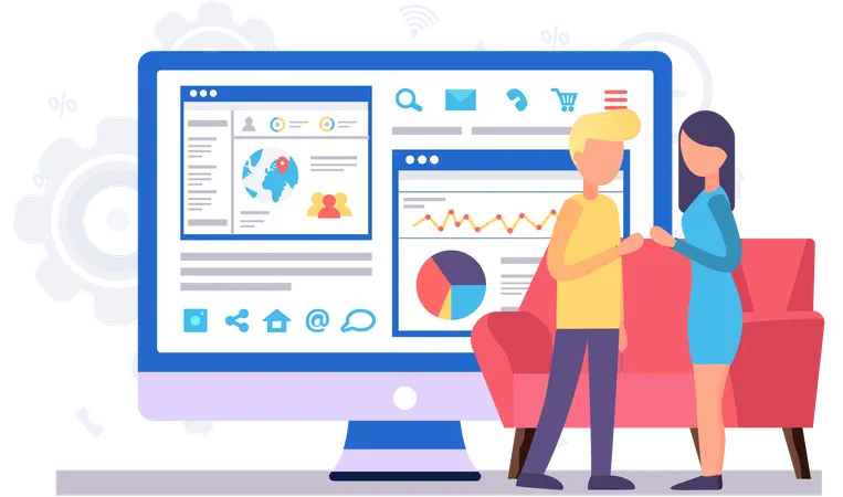 Couple is working with data and economic statistics  Illustration