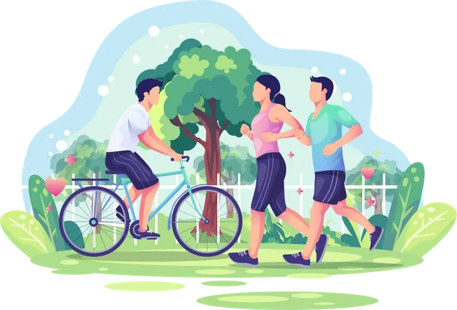 Couple jogging and cycling in the park  イラスト