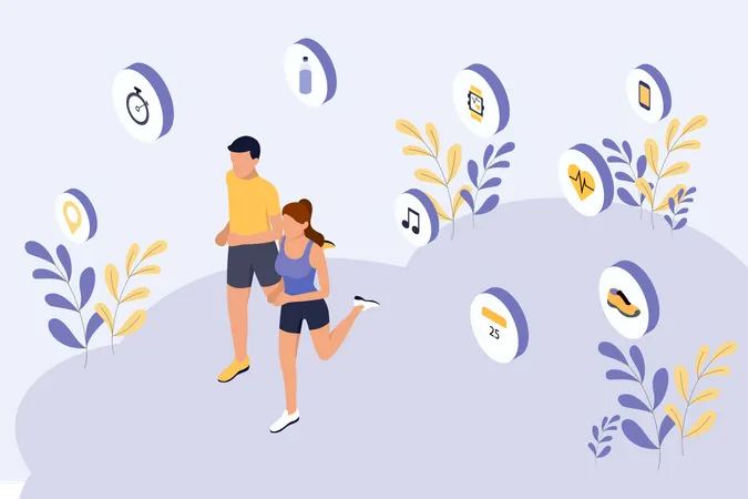 Couple jogging and doing smart workout  Illustration