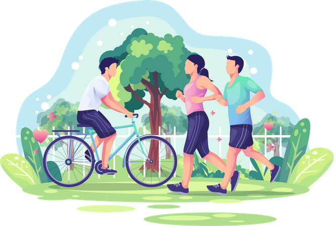 Couple faisant du jogging et du vélo dans le parc  Illustration