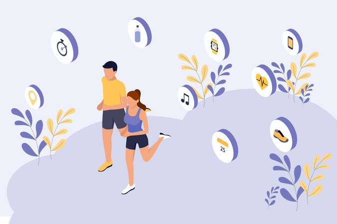 Couple faisant du jogging et faisant de l'exercice intelligent  Illustration