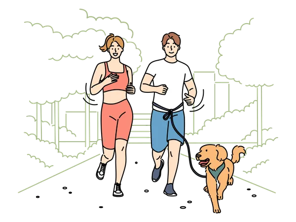 Couple jogging in morning with pet dog  Illustration