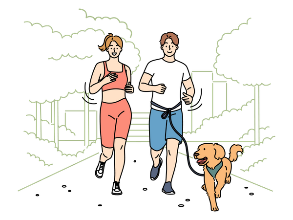 Couple faisant du jogging le matin avec un chien de compagnie  Illustration