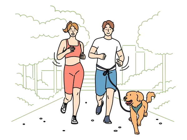 Couple faisant du jogging le matin avec un chien de compagnie  Illustration