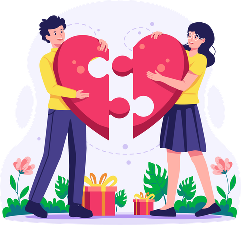 Couple joining jigsaw pieces of heart  イラスト
