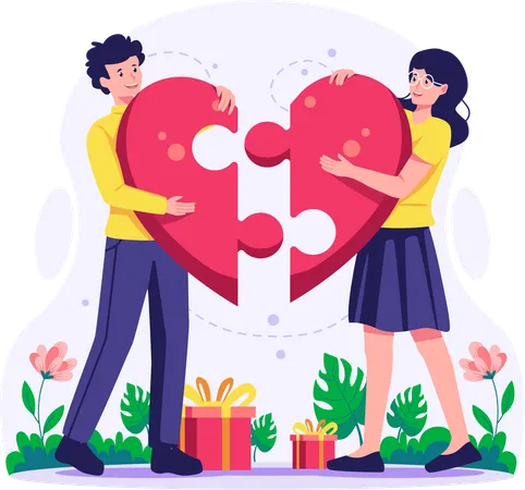 A Young Man And Woman Are Holding Jigsaw Pieces Of A Red Heart Shape That Is Matching Valentines Day Love Couple Match Vector Illustration In Flat Style 일러스트레이션