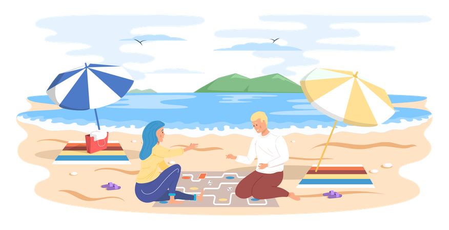 Couple jouant à un jeu de société assis sur une plage de sable  Illustration
